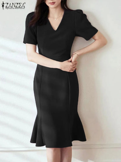 ZANZEA Elegant V Neck Slim Fit Dress Women Summer Party Sundress Office OL Vestidos Short Sleeve Work Robe Stylish Dresses 2024