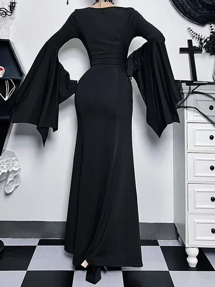 InsGoth Gothic Halloween Dress Women's Sheath Witch Vintage Batwing Sleeve V Neck Long Mermaid Formal Gown Evening Dresses