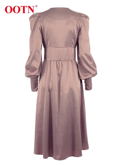 OOTN Robe blanche élégante à simple boutonnage pour femmes Robe de soirée taille haute en satin Robe longue sexy à manches lanternes Robes mi-longues 2024