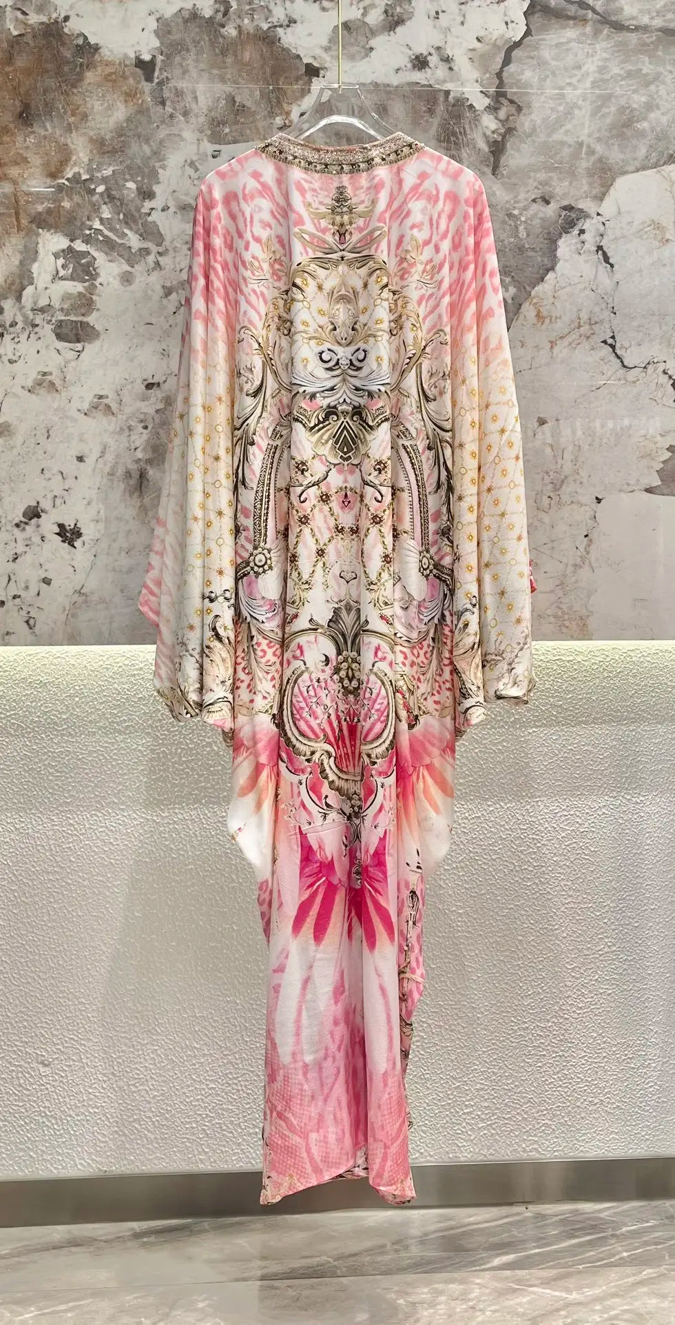 Women V-Neck Beaded Flower Printed Flare Long Sleeve 100% Silk Maxi Dress