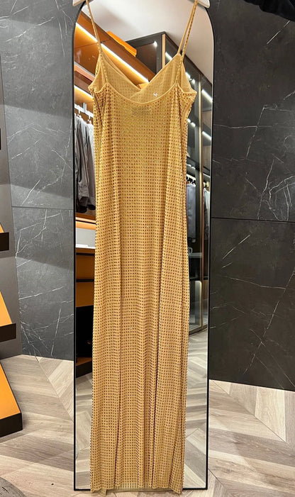 2023 nuevo Hot Diamond Heavy maxi Sling vestido cuello en V sexy sin espalda moda dama ajustado vestido de tirantes largos