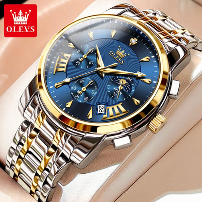 Relojes para hombre OLEVS, marca superior, cronógrafo multifuncional, reloj de pulsera original de cuarzo para hombre, resistente al agua, luminoso, fecha y luna