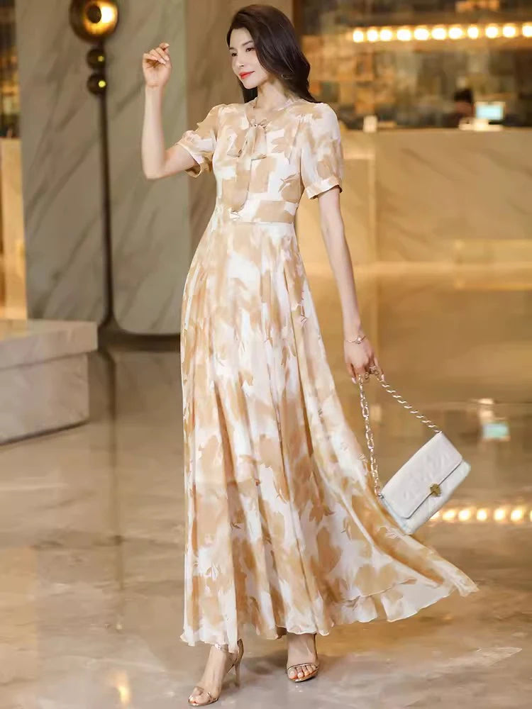 New Women Summer Print Chiffon Dress Fashion V-Neck Short Sleeve Slim Waist Long Dress Elegant Flowing Ankle-Length Dress