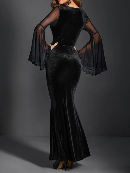 Goth Dark Velvet Elegant Gothic Punk Trumpet Dresses Grunge Ruched Mesh Flare Sleeve Evening Dress Female Sexy Formal Partywear