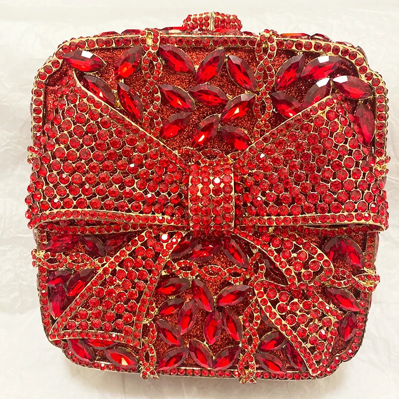 Luxury Red Rhinestone Women Wedding Bridal Purses New Fashion Bow Crystal Clutches Square Diamond Evening Bag Party Prom Handbag