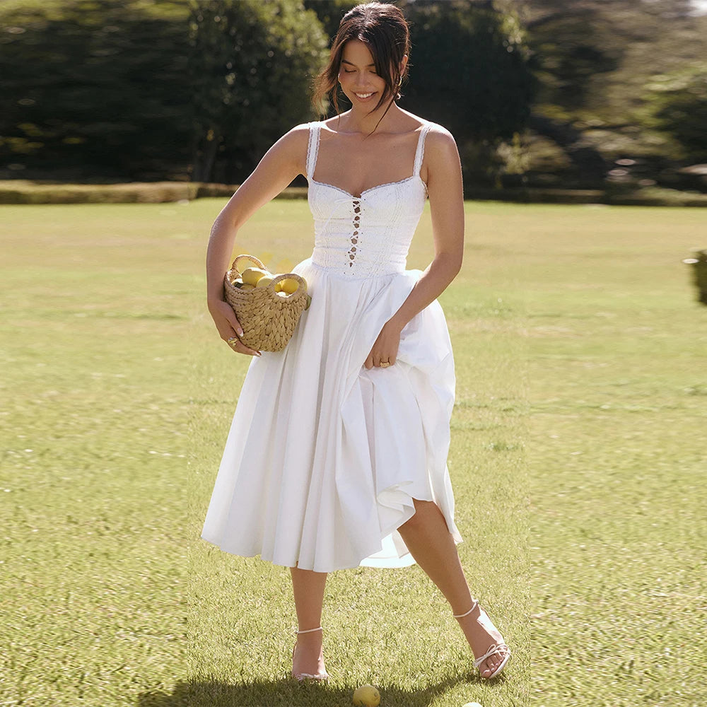 Vestido de verano blanco Jacquard Oligai 2024, recién llegados, vestidos de fiesta elegantes midi con tirantes finos blancos y cordones, ropa de mujer