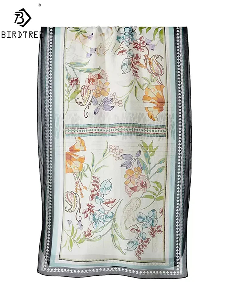 BirdTree, 8MM 100%Mulberry Slik Shawls, 180cm Women Floral Print, Gifts Original Design Scarf, 2024 Spring Autumn A462128QM