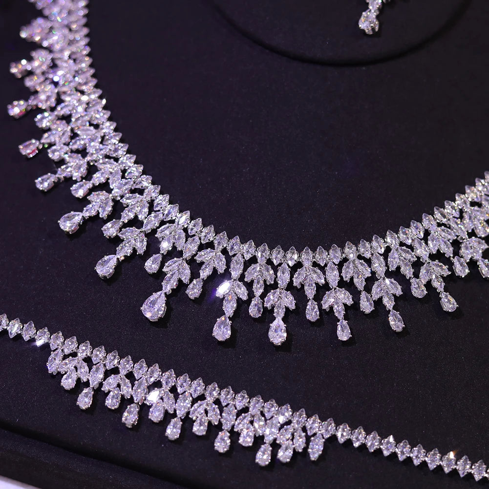 ZY UNIQUE New Dubai Jewelry Sets Leaf Design Bridal Necklace Earring Set 5A Cubic Zirconia Femme Ladies Wedding Accessories