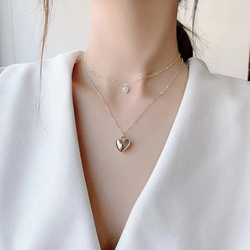 925 Sterling Silver Gold Double-layer Pendant Necklace Sweet Heart-Shaped Clavicle Chain for Women Fashion Jewelry Gifts