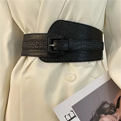 Crocodile Pattern PU Leather Wide Belt Women Coat Dress Corset Accessories 2023 Fashion Luxury Designer Cummerbunds for Female