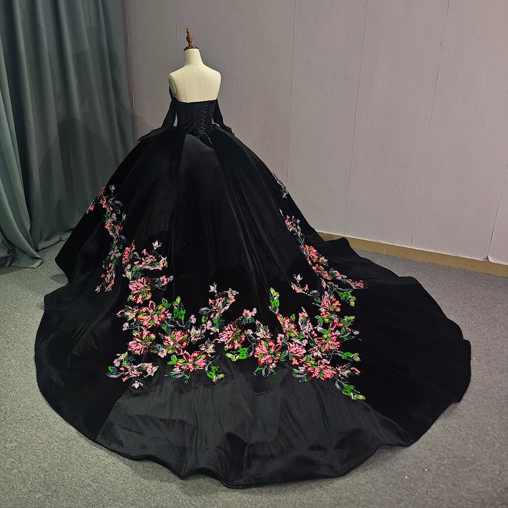 Black Off Shoulder Tulle Ball Gown Sweet 16 Dress Floral Prom Dress Party Dress 6708