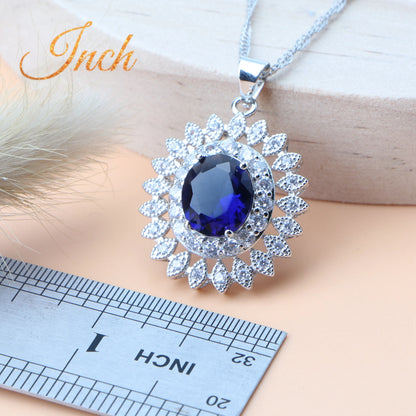 Natural Bridal Jewelry Sets Silver 925 Jewelry Ring Pendant Necklace Earrings Bracelets Wedding Blue Cubic Zircon Set For Women