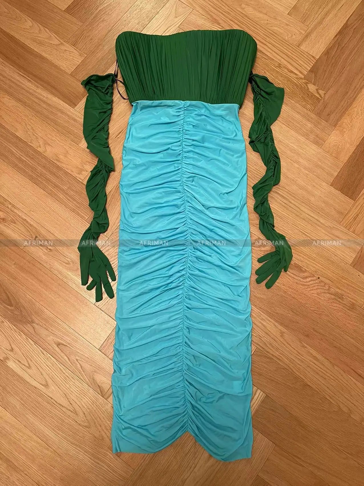 Women Elastic Strapless Fishbone Pleated Wrap Color Patchwork Long Formal Dress with Gloves