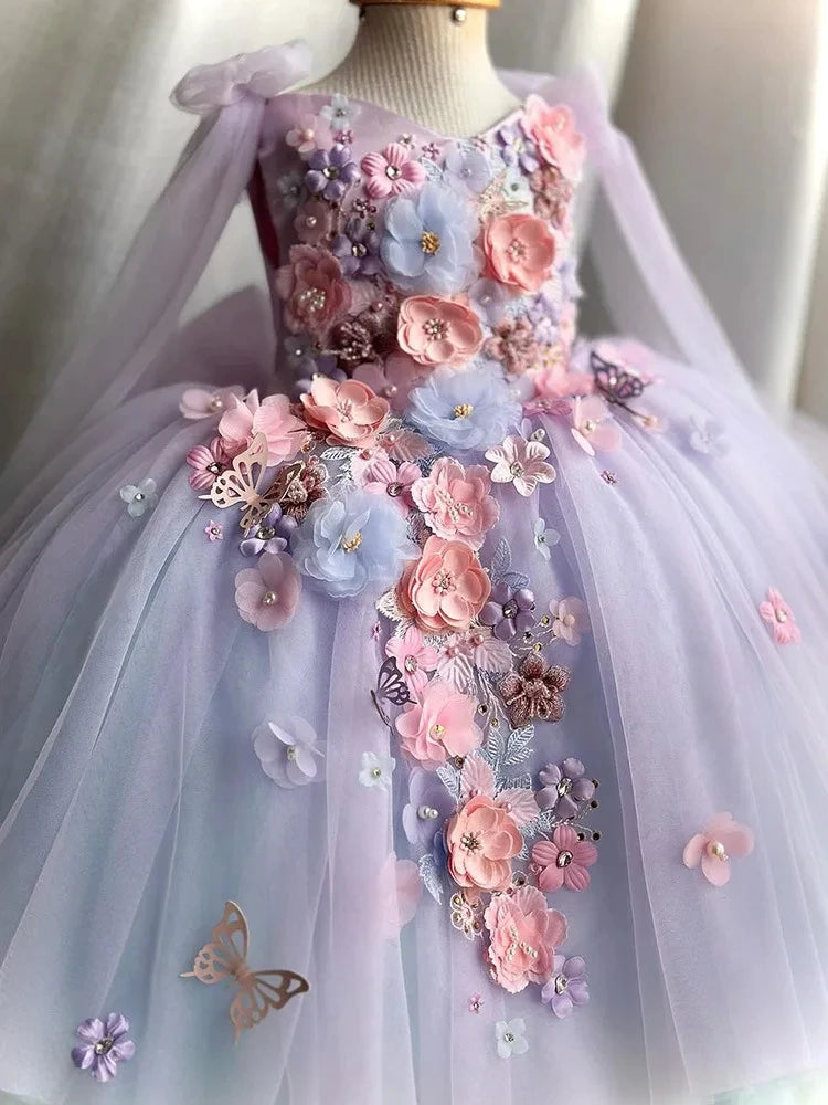 Vestido de gasa de princesa Lolita para niña, con tirantes de perlas y flores bordadas, vestido esponjoso para fiesta de cumpleaños y carnaval, ropa de actuación