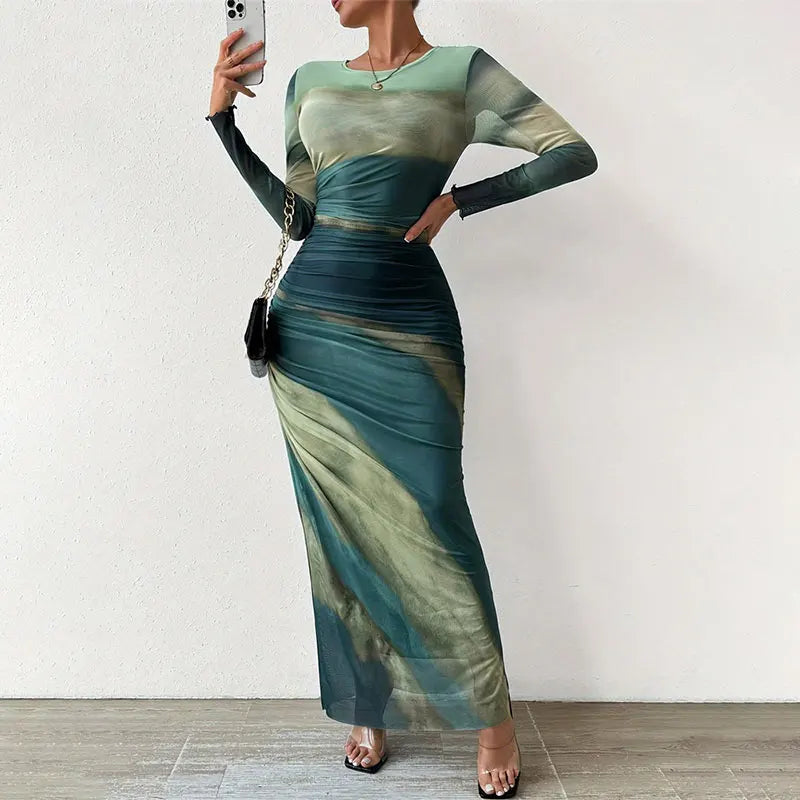 Robe corset en maille verte tie dye, robes d'été pour femmes, robe moulante à manches longues, robe imprimée maxi froncée transparente pour femmes