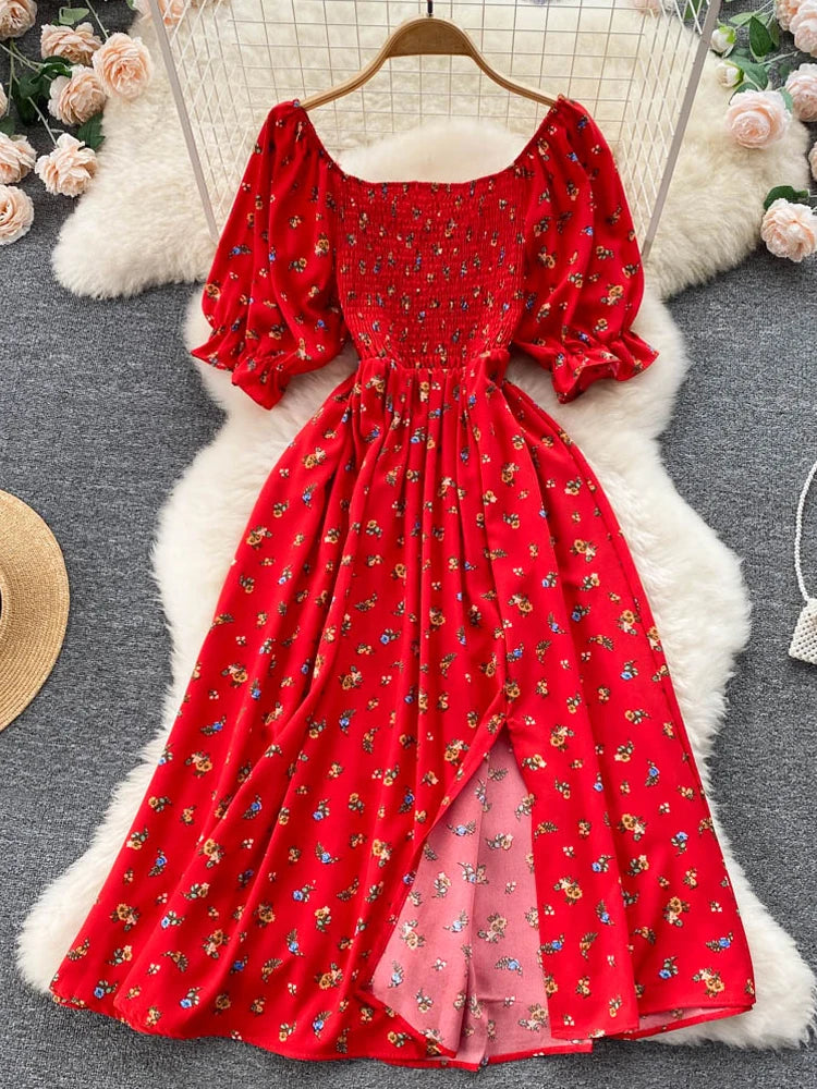 YuooMuoo Livraison rapide Femmes Robe Mode Romantique Imprimé Floral Fendu Longue Robe D'été Manches Bouffantes Fête Coréenne Robes