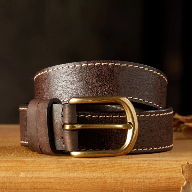 Vintage Genuine Leather Thickened Belt For Men Full Grain Cowhide Leather Copper Pin Buckle Waist Strap Daily Casual Jeans Belt