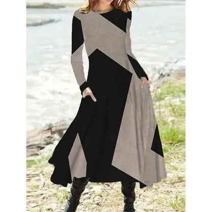 Autumn And Winter Women's Leisure Ethnic Style Long Sleeve Swing Long Dress Fashion Retro Geometric Print Round Neck Dresses