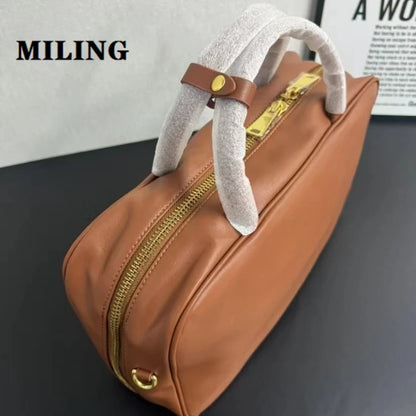 Women Retro Cowhide Bowling Bag Vintage Top-handle Large Capacity Bag Unisex Gold-tone Zip Square Handbag With Shoulder Strap