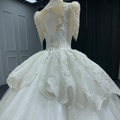 Robe longue de mariage en organza pour femme au design populaire avec broderies et perles, col rond, illusion