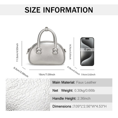 TOUTOU Silver Bowling Bag 2024 New Sugar Bean Crossbody Minimalist and Premium Feel Handbill Shoulder Boston PU Leather Bag