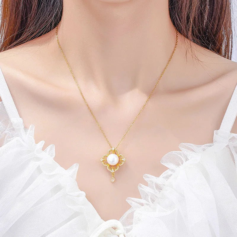 Plated 925 Silver/K Gold Clover Lucky Pendant with Freshwater Pearl Necklace for Women Everyday Jewelry