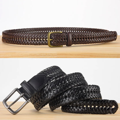 Ceinture en cuir véritable pour homme, sangle tricotée, ceinture tressée vintage de créateur pour jeans, sans trous, ceintures de haute qualité