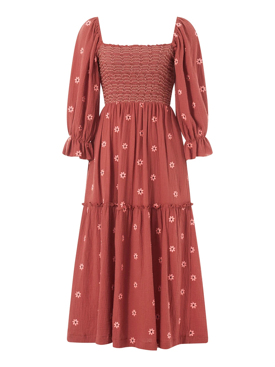 Robe longue trapèze à volants style plage pour femme, tenue de soirée bohème à fleurs, col carré, manches longues