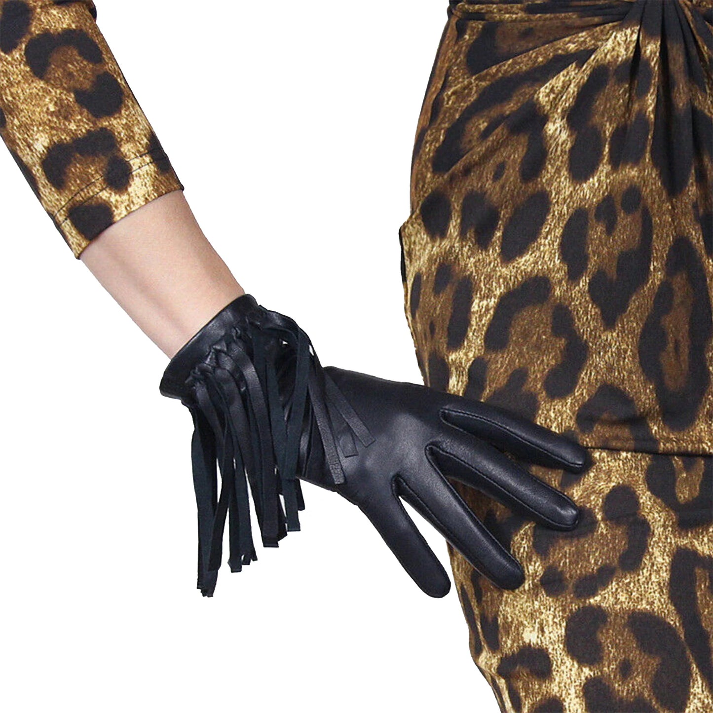 Gants à pompon noirs pour femmes DooWay TECH en cuir véritable avec poignet à longues franges en peau d'agneau véritable et peau de mouton pour sports de plein air et cosplay