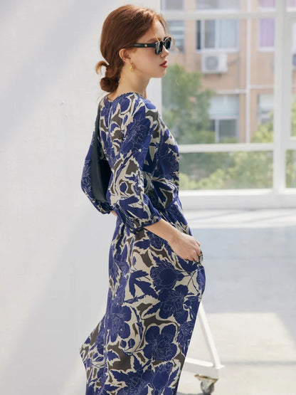 SuyaDream Women Floral Dresses 100%Silk Crepe Lantern Sleeves Sashes Long Dress 2023 Spring Summer Office Lady Clothes Blue