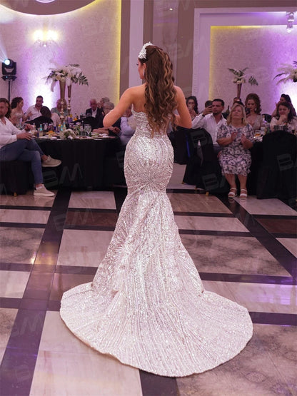 Robe de mariée en perles exquises sans bretelles pour femmes, robe de mariée sirène à paillettes cousue à la main, robe de mariée arabe sur mesure