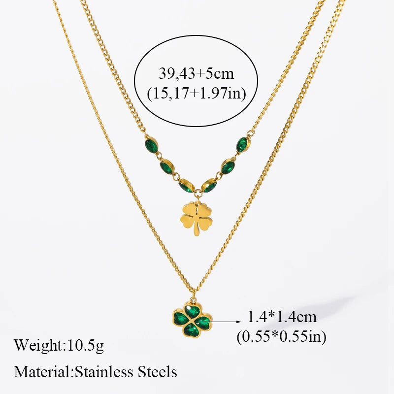 EILIECK 316L - Juego de 3 collares, pulseras y pendientes de circonita con trébol verde de acero inoxidable para mujer, regalo de fiesta, joyería de lujo