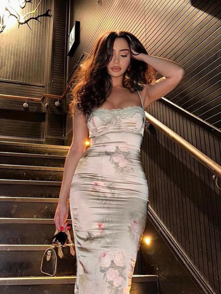 Wedding Guest Dresses for Women 2023 Summer Satin Dress Stretchy Evening Party Dress Floral Elegant Night Club Festival Outfit