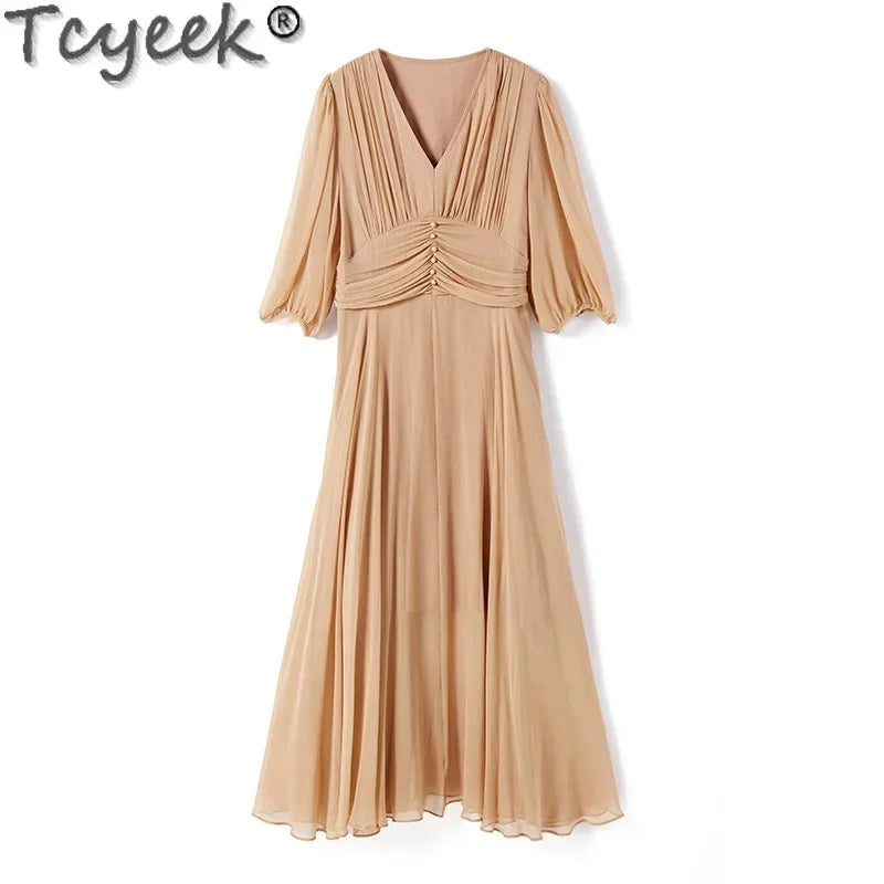 Heavyweight Tcyeek 100% Mulberry Silk Long Dress Women Clothing Elegant and Pretty Women's Fashion Summer Dresses 2024