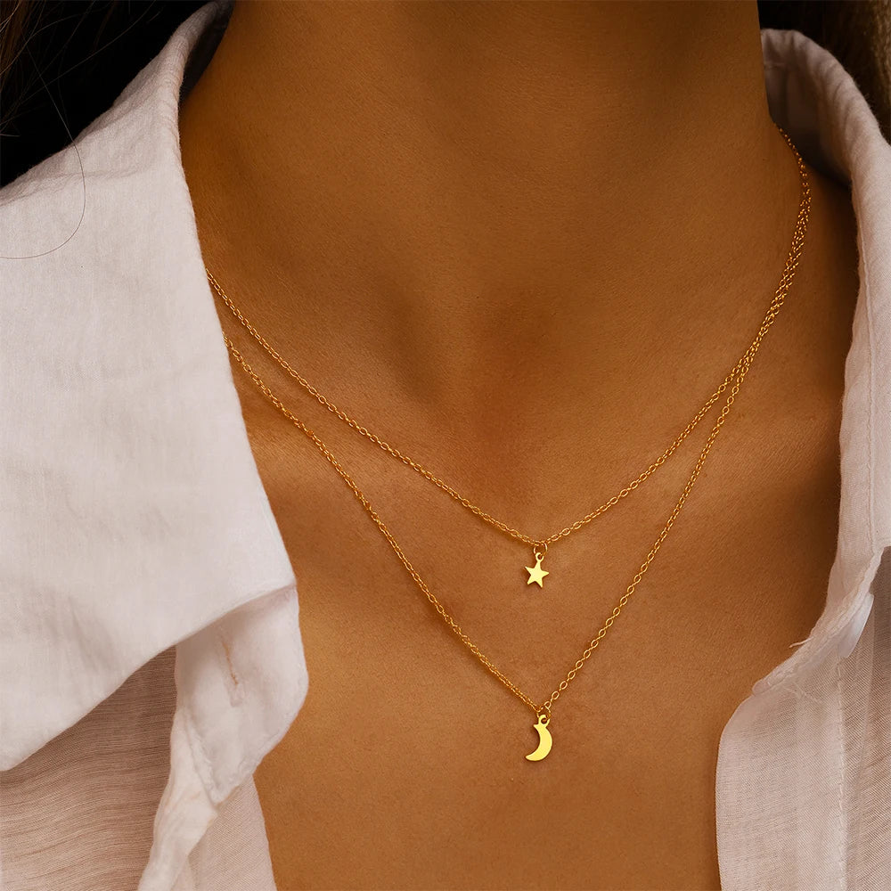 Aide 925 Sterling Silver Double K Gold Chain With Star Moon Charm Pendant Necklace For Women Elegant Fine Jewelry Party Gift