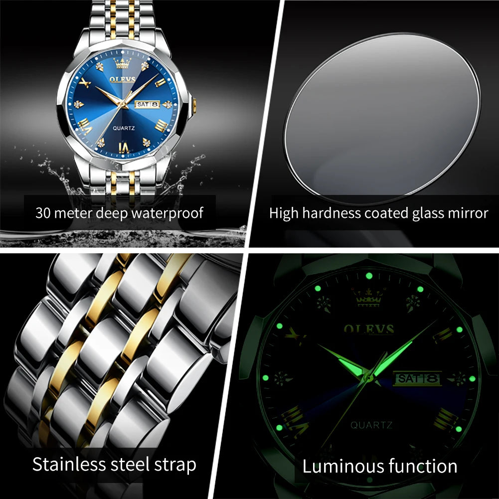 OLEVS 9931 Quartz Watch for Men Solid Stainless Steel Strap Rhombus Design Fashion Business Wristwatch Men's Waterproof Watches