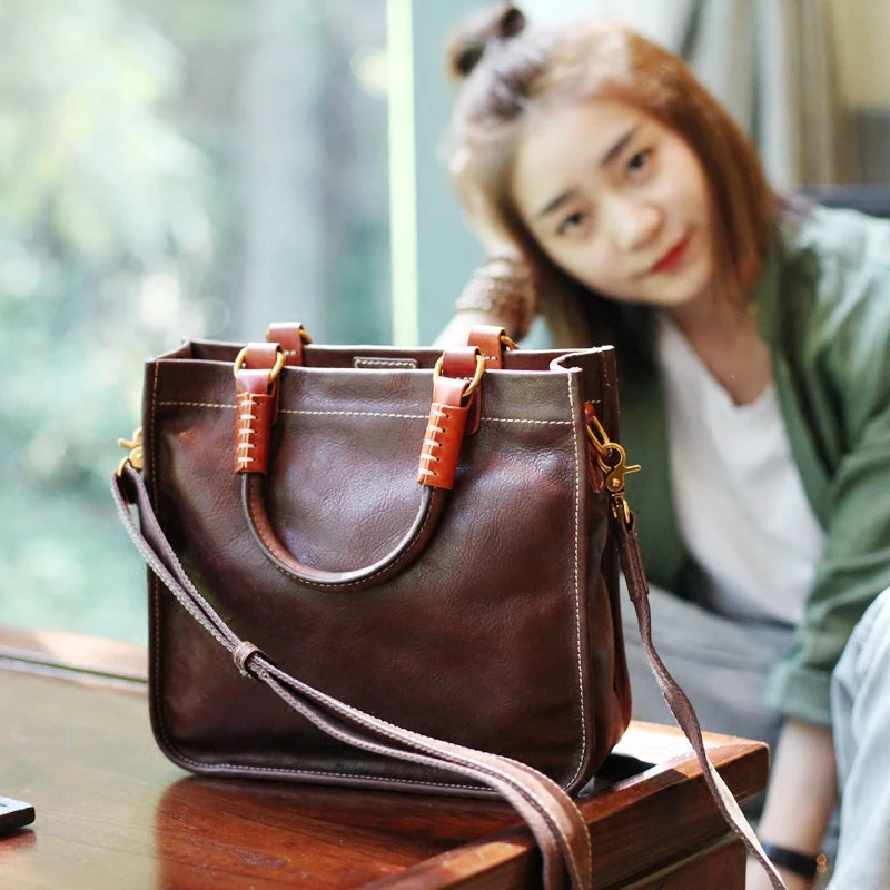 Leather Square Tote Bag Handmade Cowhide Single New Shoulder Oblique Span Women's Bag Literature And Art Retro Briefcase Handbag