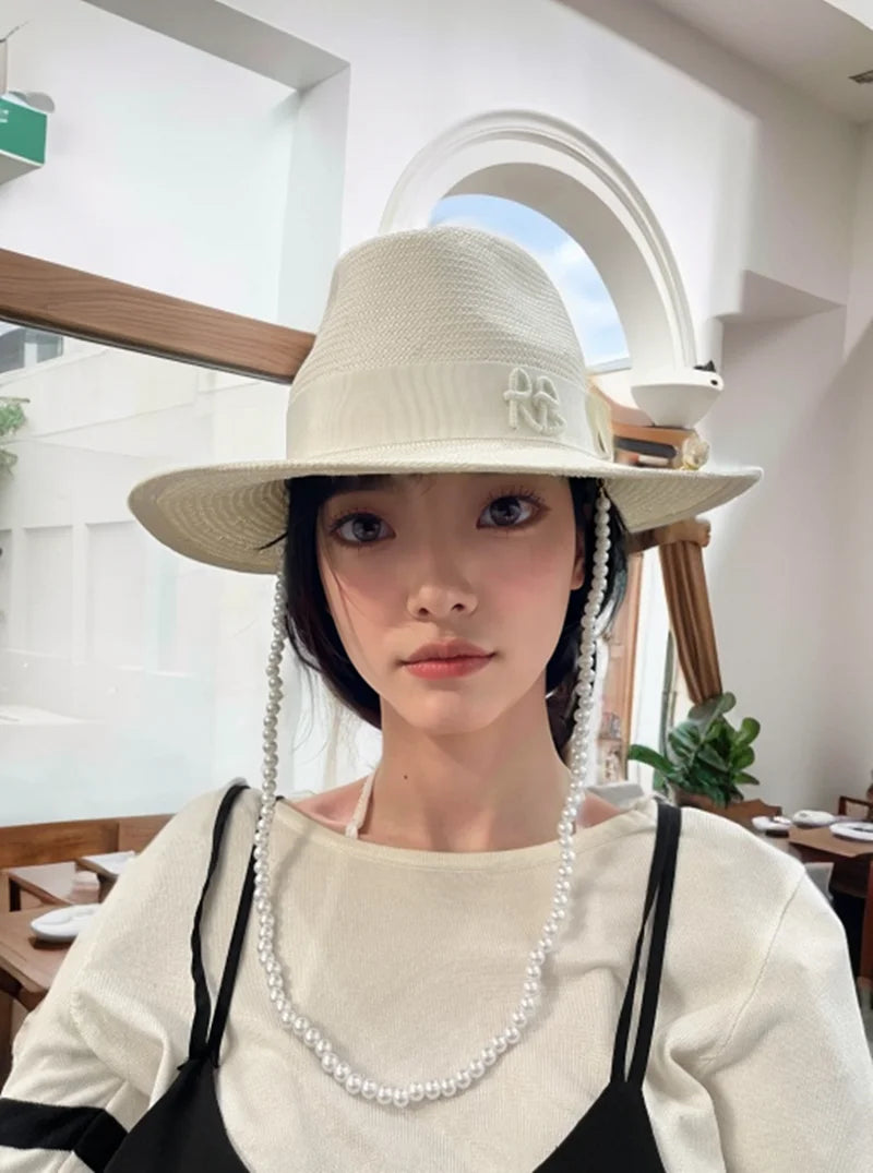 2024 summer new arrival Pearls-embellished Chain Strap Fedora Hat straw hat for women