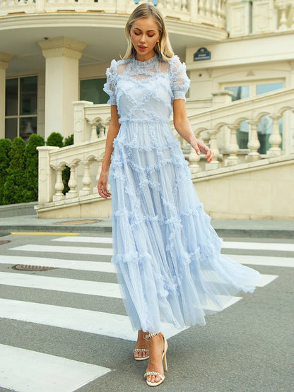 Elegant Wedding Guest Dress Women Sexy Short Sleeve Prom Dresses Vintage Blue Lace Mesh Maxi Long Evening Dresses For Women 2024