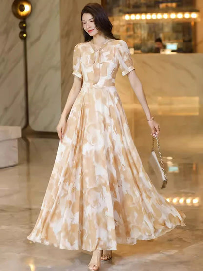 New Women Summer Print Chiffon Dress Fashion V-Neck Short Sleeve Slim Waist Long Dress Elegant Flowing Ankle-Length Dress