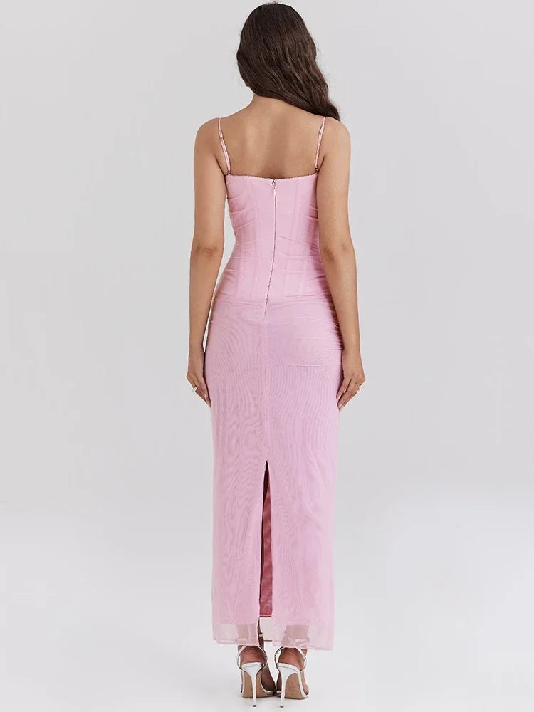 Robe longue sexy en maille Suninbox pour femmes 2024 Robe corset d'été longue rose à bretelles spaghetti sans manches dos nu Robes de fête