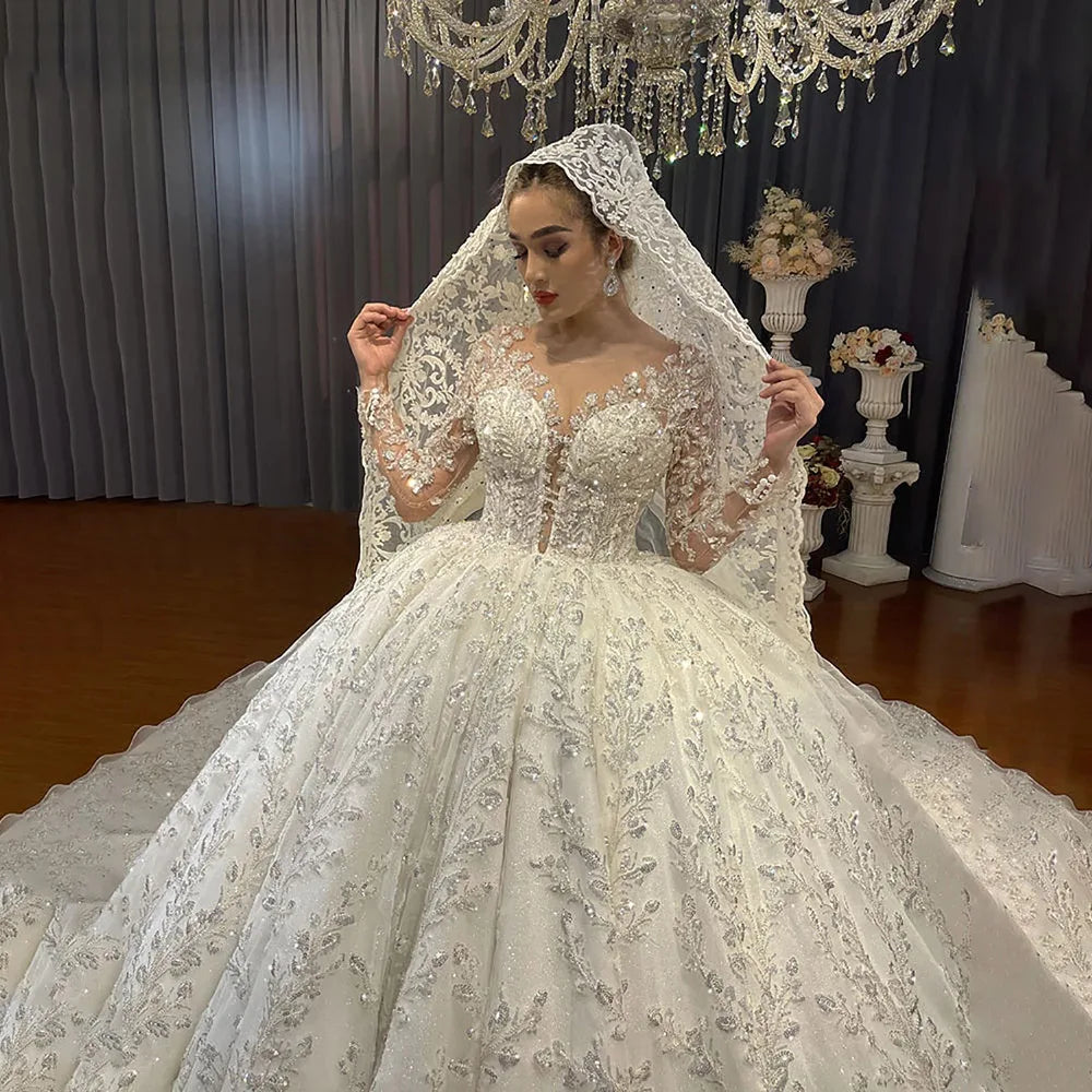 Exquisite Princess Wedding Dress V-neck Lace Appliques Sequins Bridal Gowns Custom Made  Ball Gown Women Dresses