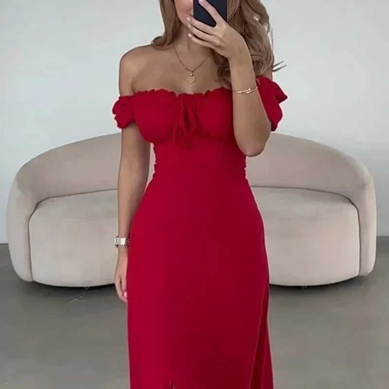 Ellafads Women Maxi Dress Summer Sexy Off Shoulder Strapless Solid Puff Sleeve Lace Up Backless Nipped Waist Slit Long Dresses