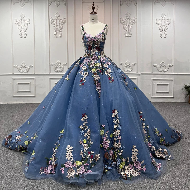 Robe de Quinceanera bleue exquise à bretelles spaghetti, imprimé floral, robe de bal en cœur, à lacets, robes de soirée DY9897 Avondjurk