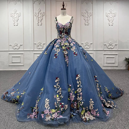 Robe de Quinceanera bleue exquise à bretelles spaghetti, imprimé floral, robe de bal en cœur, à lacets, robes de soirée DY9897 Avondjurk