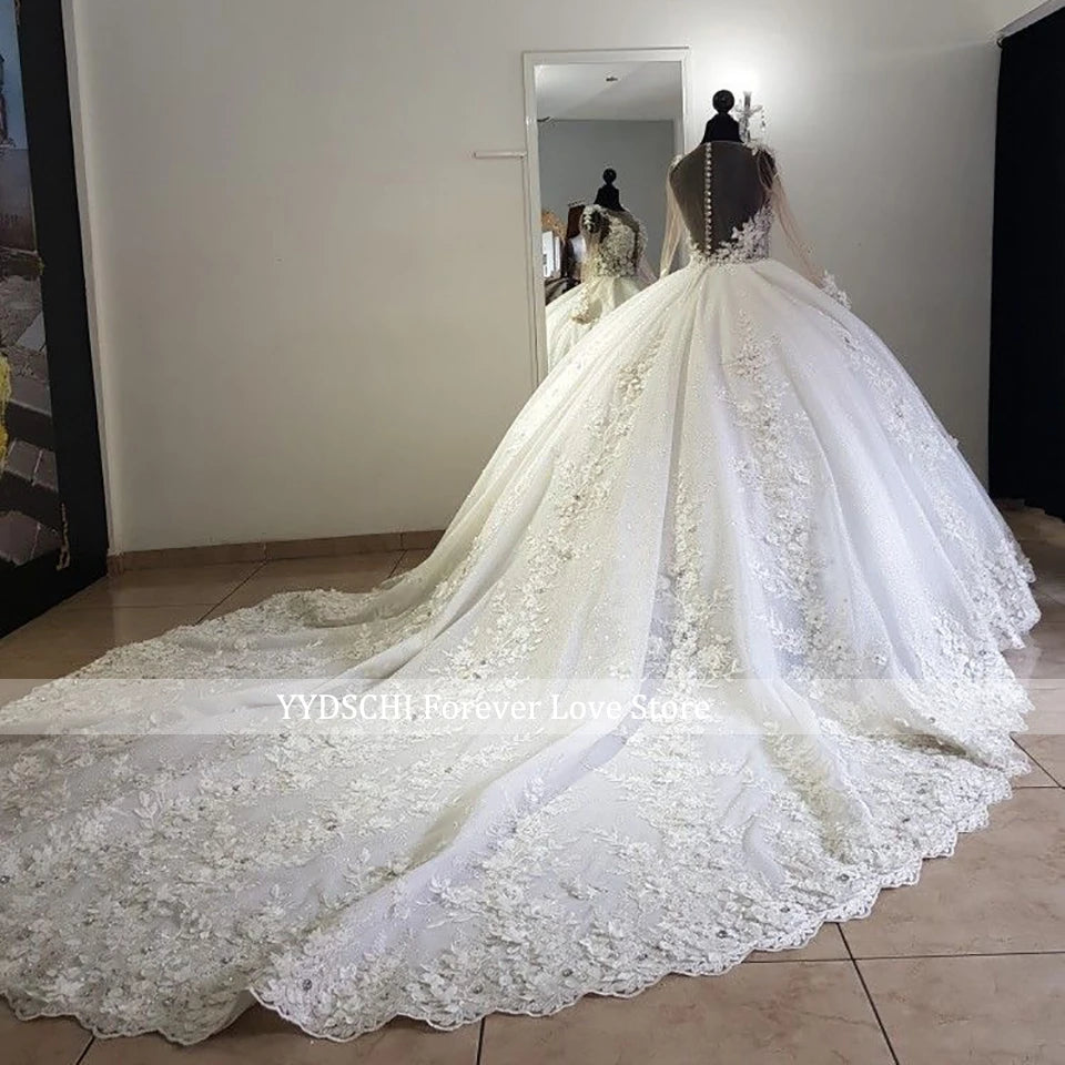 Luxury 3D Floral Appliques Ball Gown Wedding Dress 2024 Illusion Long Sleeves Lace Appliques Beaded Bride Gowns Vestido De Noiva