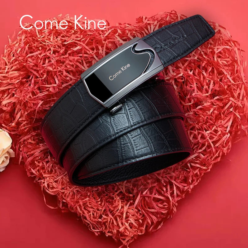 ComeKine Mens Belts Automatic Buckle Top Layer Cow Leather Belt Light Luxury Brand High End Gift Box Greeting Card Ghostwriting