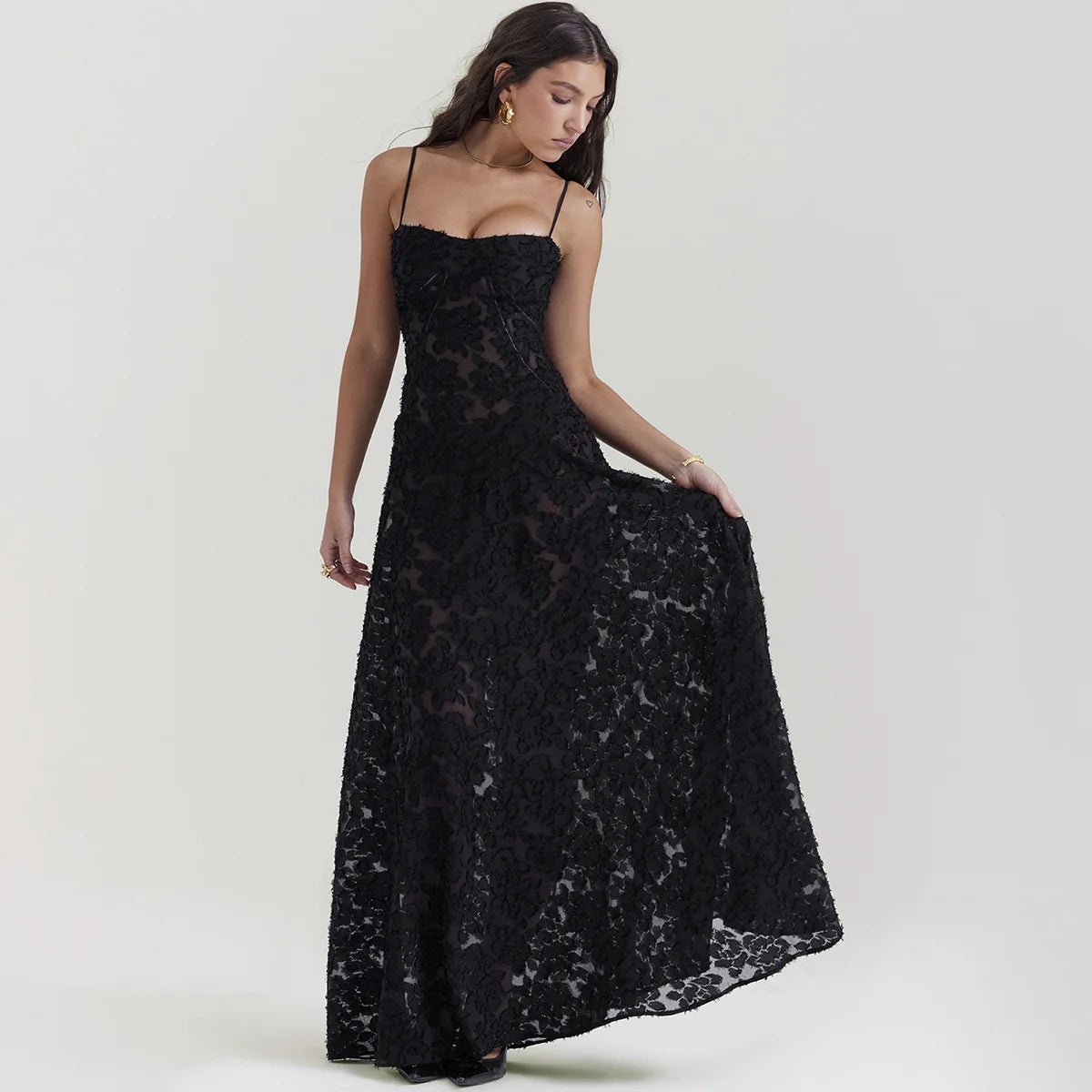 Robe longue noire de cérémonie Oligai, élégante robe de soirée à bretelles spaghetti, broderie transparente, vêtements pour femmes