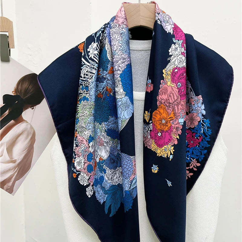 88×88cm 18MM 100% Silk Twill Scarf For Women Luxury Brand Double Sides With Different Design Square Size Shawls And Wraps Autumn