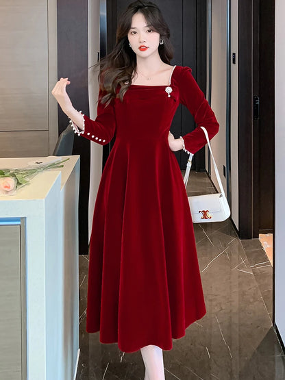 Autumn Winter Red Velvet Beading Sexy Midi Dress Women Chic Prom Luxury Party Evening Vestidos 2024 Korean Elegant Wedding Dress